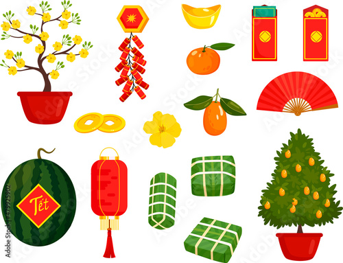 T?t-Vietnamese New Year, Vietnamese Lunar New Year or Tet Holiday. A collection of illustrations about the celebrating Lunar New Year.