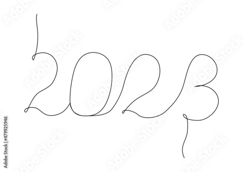 Sketch drawing of the inscription 2023 in one solid continuous line. Linear date style. Isolated vector black line illustration on white background.