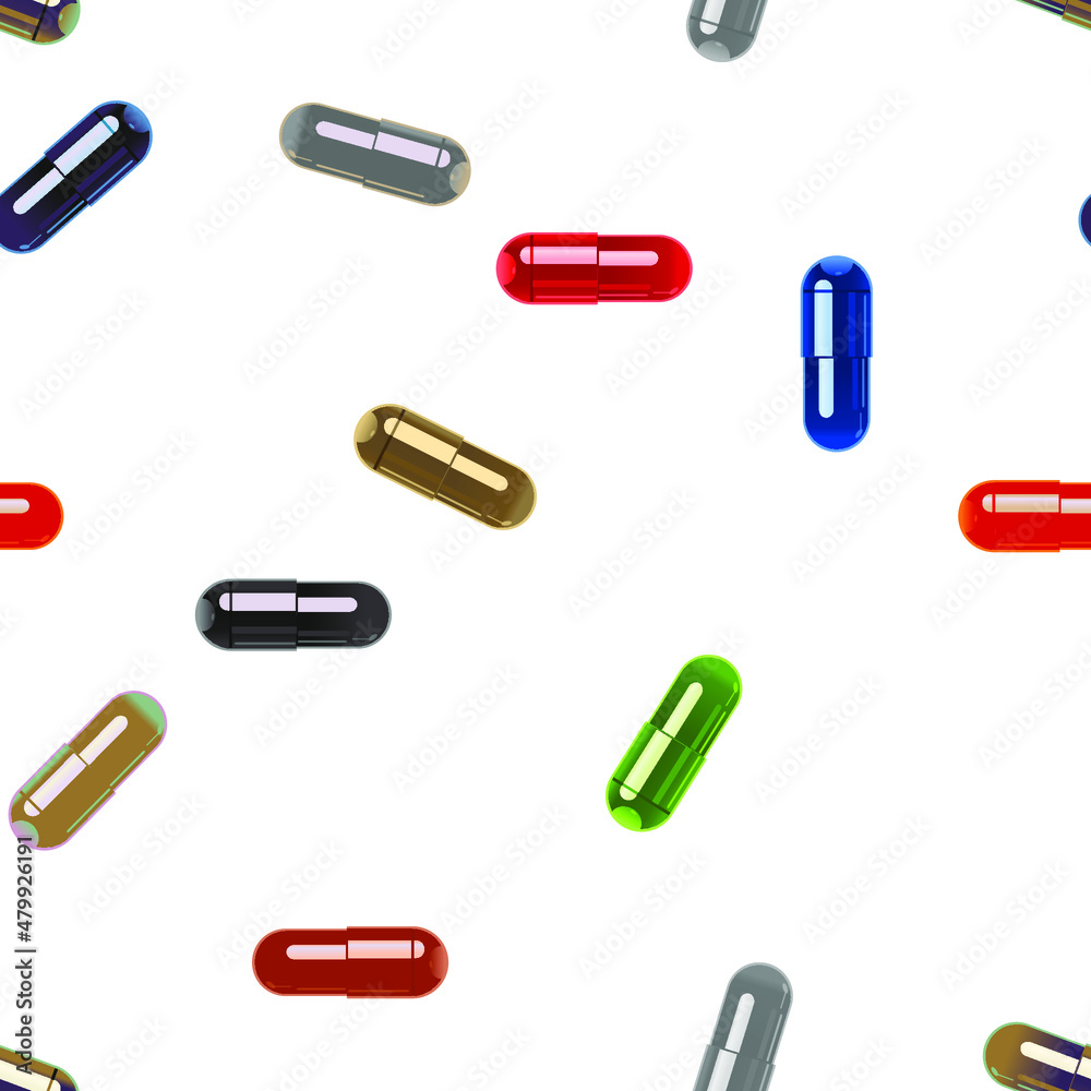 Multi-colored pills capsules on a white background. Pattern. Multi-colored pills capsules on a white background. Pattern.