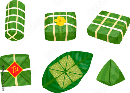 set of banh tet Vietnamese food square sticky rice stuffed in banana leaves and bamboo rope on lunar new photo
