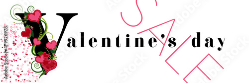 Bannière ou affiche pour les soldes à l’occasion du jour de la saint Valentin avec des cœurs et une création typographique originale.