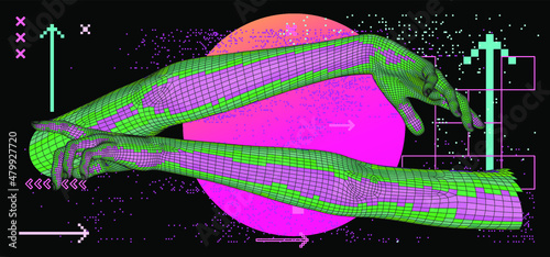 3D low poly model of hands going to touch together. Vaporwave style illustration.