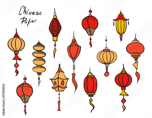 Doodle vector set of chinese paper lanterns. Flat colorful icons oriental decoration of china culture. Illustration of asian celebration festival decor. Hand draw traditional lights isolated on white