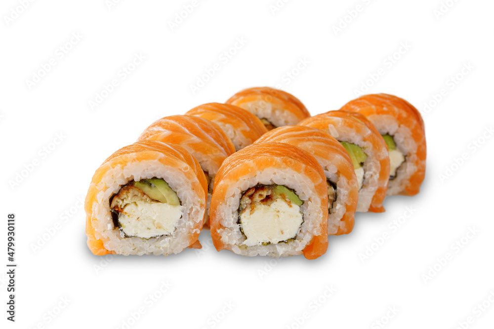 Sushi roll with salmon, eel, avocado and Philadelphia cheese. isolated on white background Sushi roll with salmon, eel, avocado and Philadelphia cheese. isolated on white background