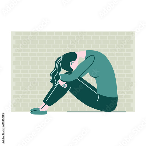 Woman in depression sitting near brick wall. Vector illustration in flat style.