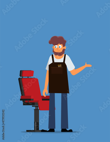 Young hipster man barber in barber shop. vector flat design illustration