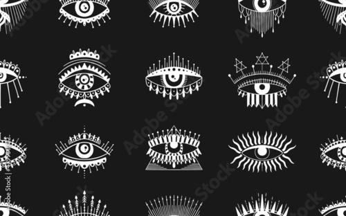 Evil Seeing eye symbol seamless pattern. Occult mystic emblem, graphic design tattoo. Esoteric sign alchemy, decorative style, providence sight.