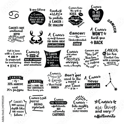 Lettering quotes about Zodiac sign Cancer. Funny quotes. Doodle hand drawn design elements for cards, posters, prints t-shirts