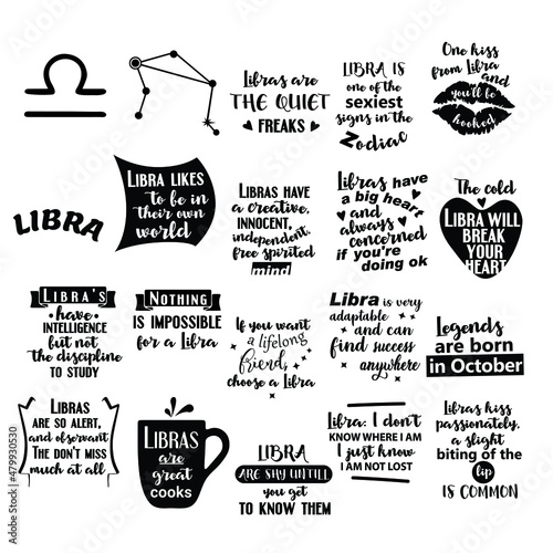 Lettering quotes about Zodiac sign Libra. Funny quotes. Doodle hand drawn design elements for cards, posters, prints t-shirts