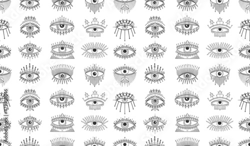 Evil Seeing eye symbol seamless pattern. Occult mystic emblem, graphic design tattoo. Esoteric sign alchemy, decorative style, providence sight.