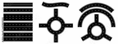 Set of roads. Intersections, roundabouts, highways, highways, turns, semicircles. Vector illustration.