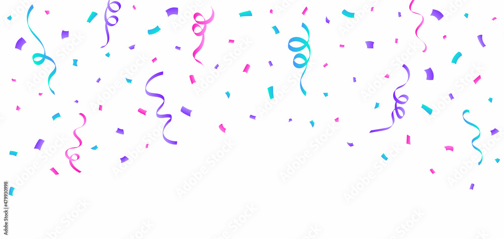 Colorful confetti and ribbon falling vector. Simple confetti and ribbon falling isolated on white background. Festival elements vector. Anniversary and birthday celebration element.