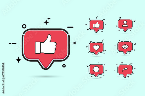 Social media button set with red color. Social button with like, love, comment, view, share and follow icon. Stylish red color flat button collection for social media posts.