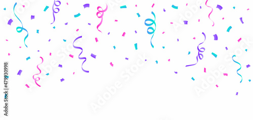 Colorful confetti and ribbon falling vector. Simple confetti and ribbon falling isolated on white background. Festival elements vector. Anniversary and birthday celebration element.