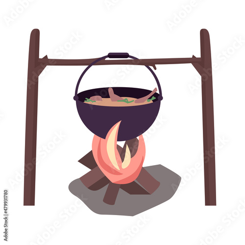 Campfire with boiling cauldron semi flat color vector object. Full realistic item on white. Cooking food on fire isolated modern cartoon style illustration for graphic design and animation