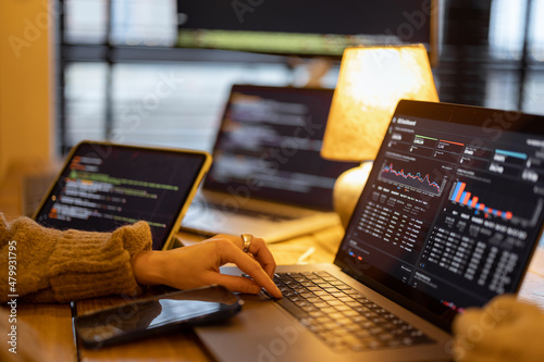 Woman working on some programming dashboard on laptop, close-up on hands and keyboard. Programmer, software tester or analyst working online