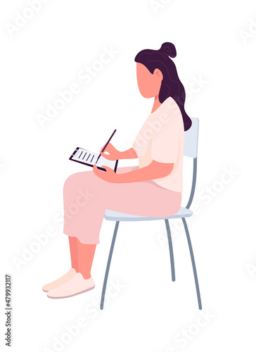 Woman on lecture semi flat color vector character. Sitting figure. Full body person on white. Seminar and workshop isolated modern cartoon style illustration for graphic design and animation