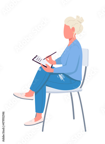 Woman writing on clipboard semi flat color vector character. Sitting figure. Full body person on white. Survey isolated modern cartoon style illustration for graphic design and animation