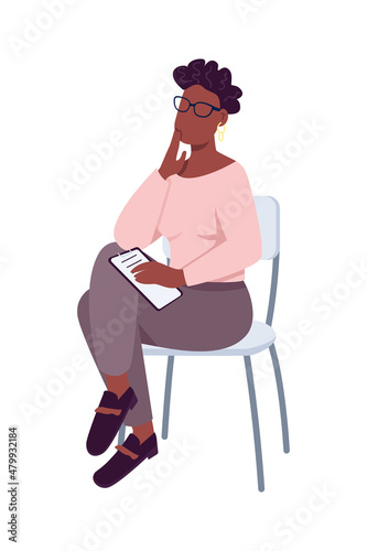 Contemplating woman sitting semi flat color vector character. Sitting figure. Full body person on white. Research isolated modern cartoon style illustration for graphic design and animation