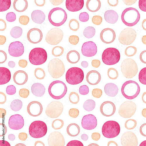 Watercolor spots and polka dots isolated on white background. Watercolor texture in pastel colors. Hand drawn seamless abstract background for fabric or wrapping paper. 