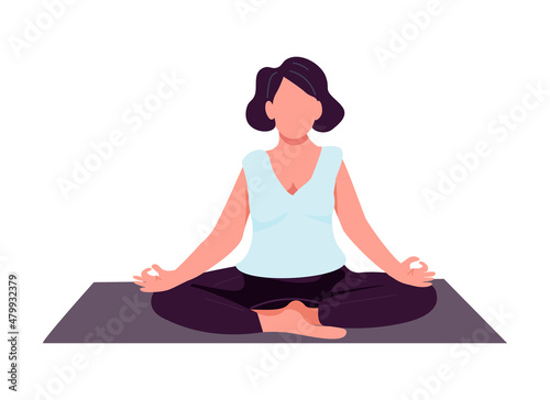 Woman doing yoga semi flat color vector character. Sitting figure. Full body person on white. Meditation class isolated modern cartoon style illustration for graphic design and animation