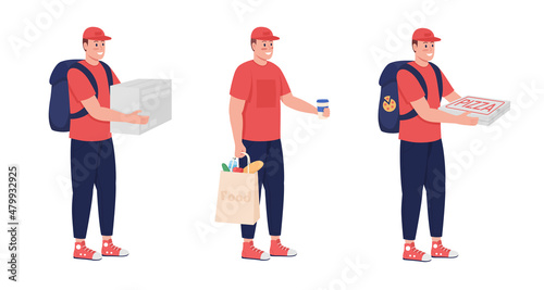 Courier with food semi flat color vector character set. Posing figure. Full body people on white. Delivery isolated modern cartoon style illustration for graphic design and animation bundle
