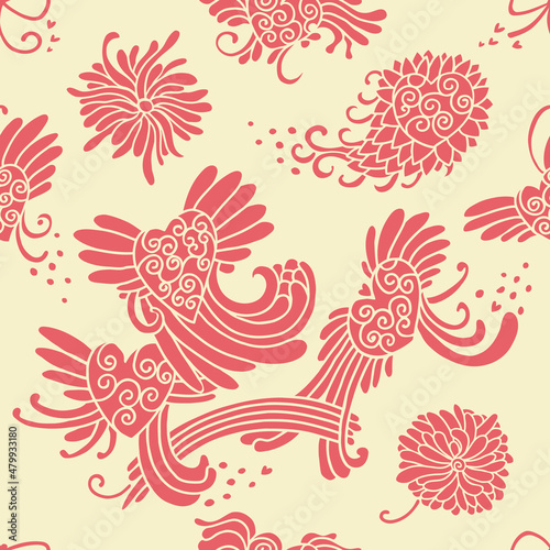 Stylish background for your design with red hearts  wings and romantic abstraction.
