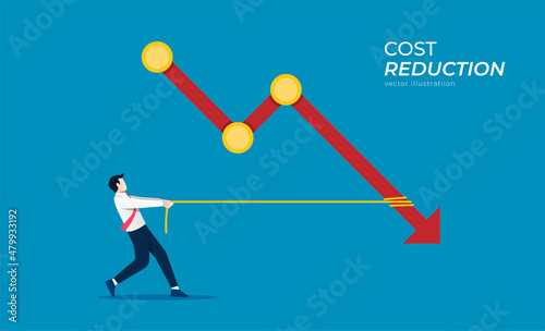 Cost reduction concept with businessman pulls a rope symbol.