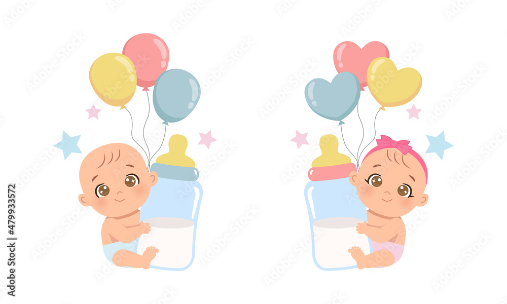 Cute baby boy and girl gender reveal with milk bottle and balloons. Flat vector cartoon design Cute baby boy and girl gender reveal with milk bottle and balloons. Flat vector cartoon design