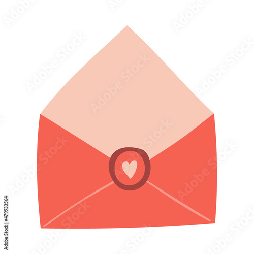 An empty open red envelope with a heart. Cute decorative element for Valentine's day. Vector illustration isolated on a white background.
