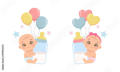 Cute baby boy and girl gender reveal with milk bottle and balloons. Flat vector cartoon design