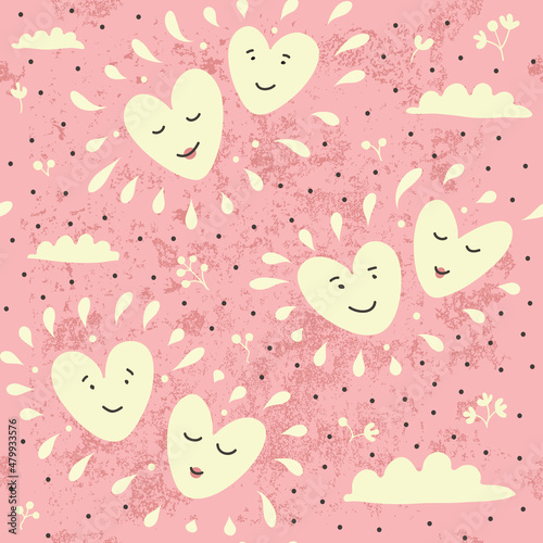 Vanilla skies. Seamless pattern with hearts, clouds and stars on a pink background.