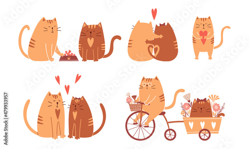 A set of happy cats in love. Riding a bike, hugging, holding a heart, sharing food. Cute characters for Valentine's day cards. Collection of vector childish illustrations isolated on white.