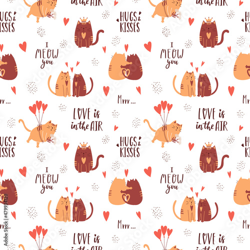 Seamless pattern with cute lovers hugging cats and handwritten phrases. I meow you. Perfect for wrapping paper for Valentine's Day. Vector isolated illustrations on a white background.