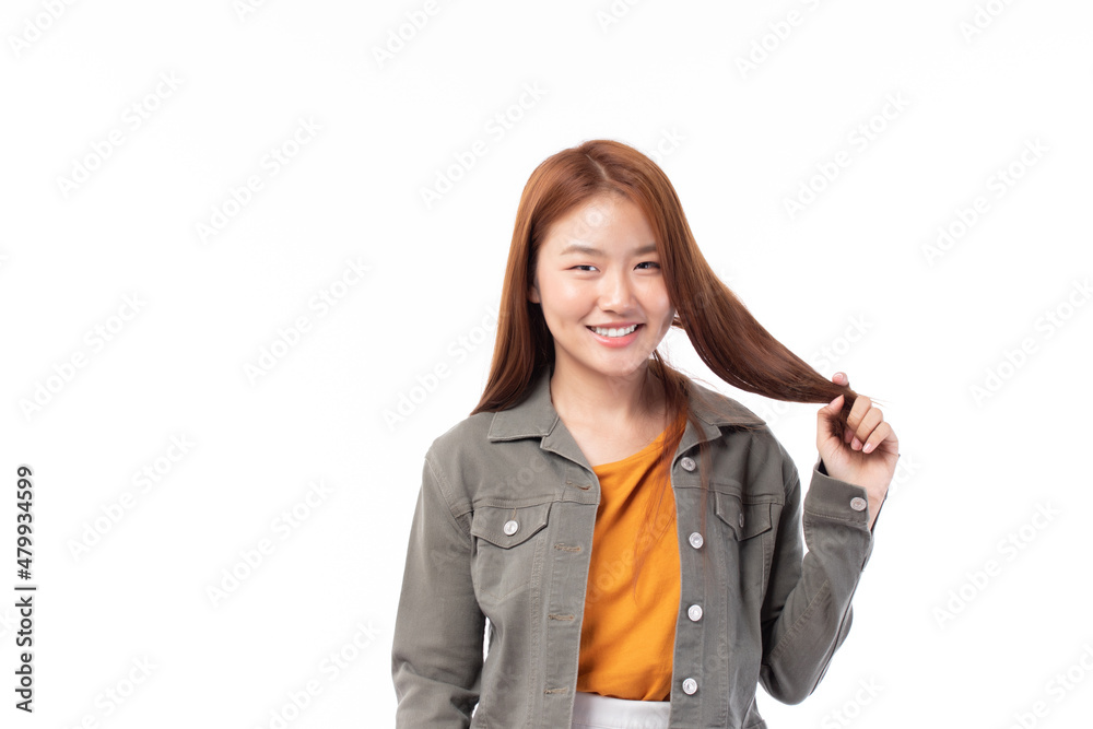 Portrait of beautiful young Asian girl model long hair in casual summer clothes smile, happy and enjoying in studio isolated on white background. Portrait of beautiful young Asian girl model long hair in casual summer clothes smile, happy and enjoying in studio isolated on white background.