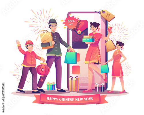 Chinese new year shopping concept with Happy Asian Family holding shopping bags and gifts near a big smartphone on Flat style vector illustration