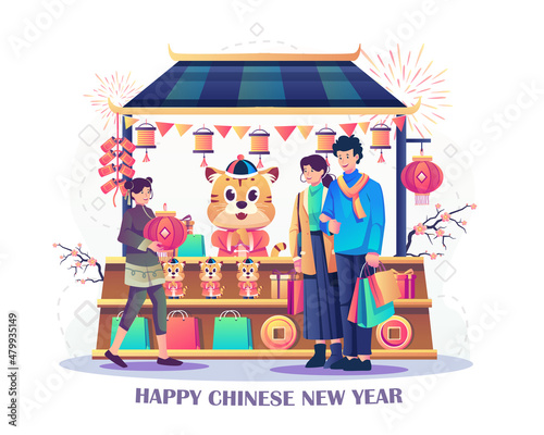 Asian couple with shopping bags buying foods and goods from a traditional street market store. Counter stall with goods and souvenirs. Flat style Vector Illustration