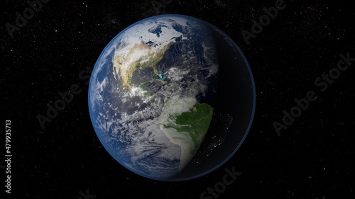 Sunrise over earth as seen from space. With stars background. 3d rendering.