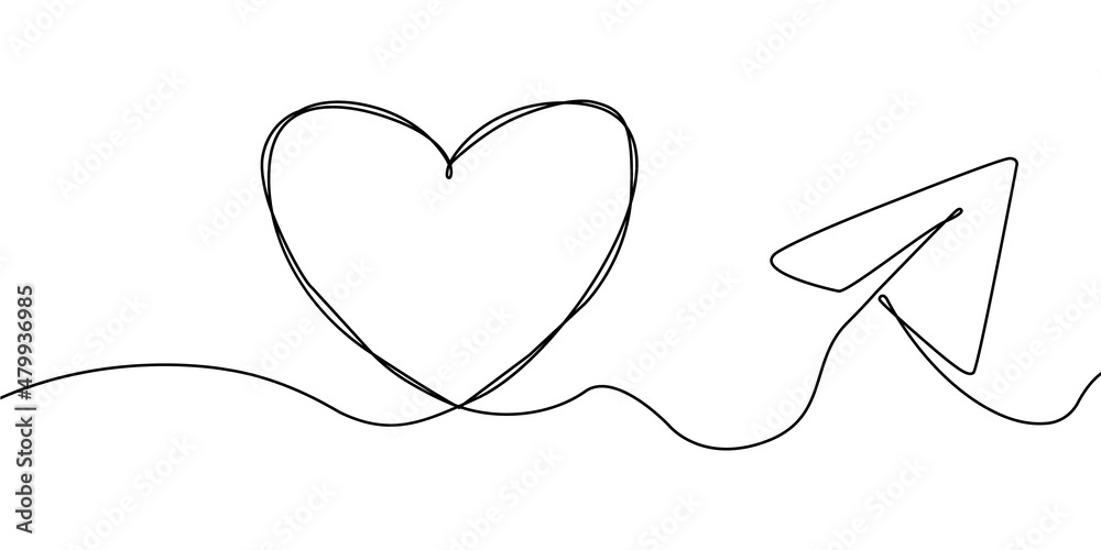 Fototapeta premium Heart one line.Heart line art.Flying paper airplane with heart .Heart air route .Valentines Day.Love travel route.Airplane line path continuous line .