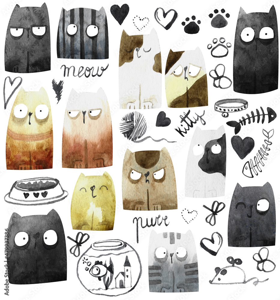 Raster File Cat Example Cute watercolor raster cat illustration set with different props ...
