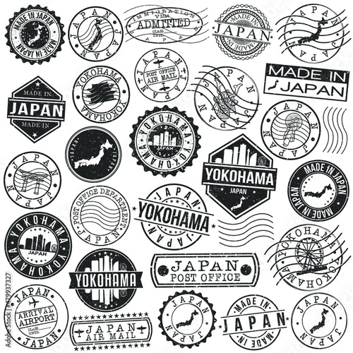 Yokohama, Kanagawa, Japan Set of Stamps. Travel Stamp. Made In Product. Design Seals Old Style Insignia.