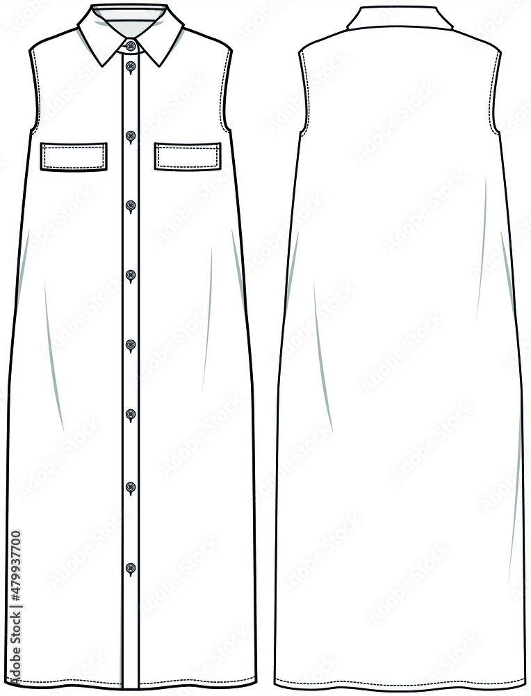 Collared Sleeveless Long Dress With Placket, Sleeveless Long Shirt Dress, Sleeveless Kurta Front and Back View. Fashion Illustration, Vector, CAD, Technical Drawing, Flat Drawing. - obrazy, fototapety, plakaty 