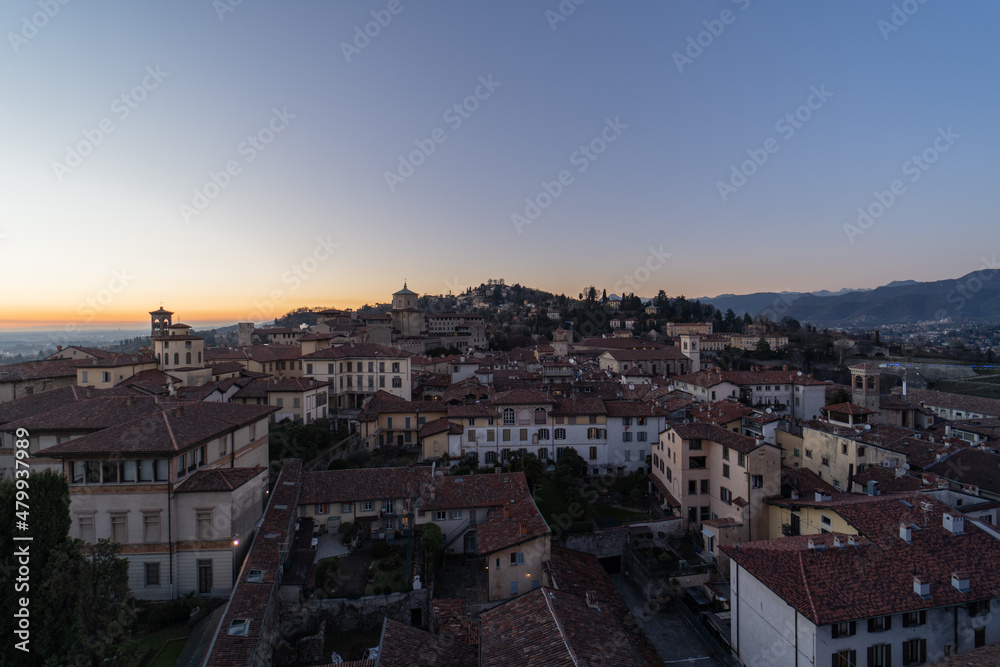 San Vigilio hill in Bergamo upper city at sunset.
