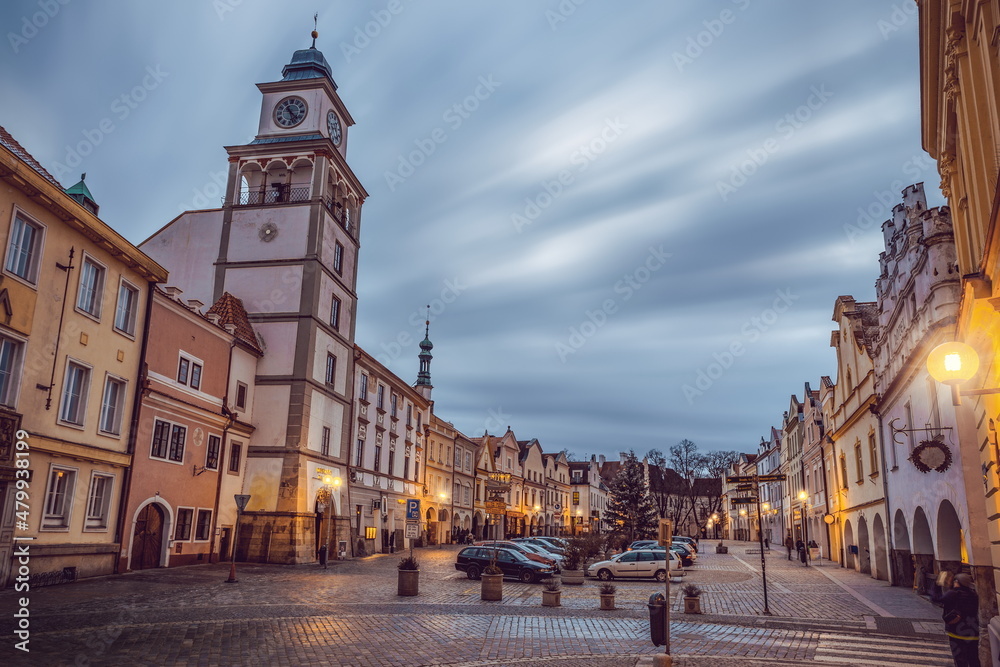 Night view of historical town Trebon in South Bohemian Region. Czechia.
