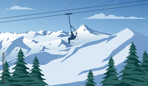 Winter mountain landscape. Lifts for skiing. Snow forest tree. Sport on vacations. winter activity. Ski snowboard. Vector illustration background