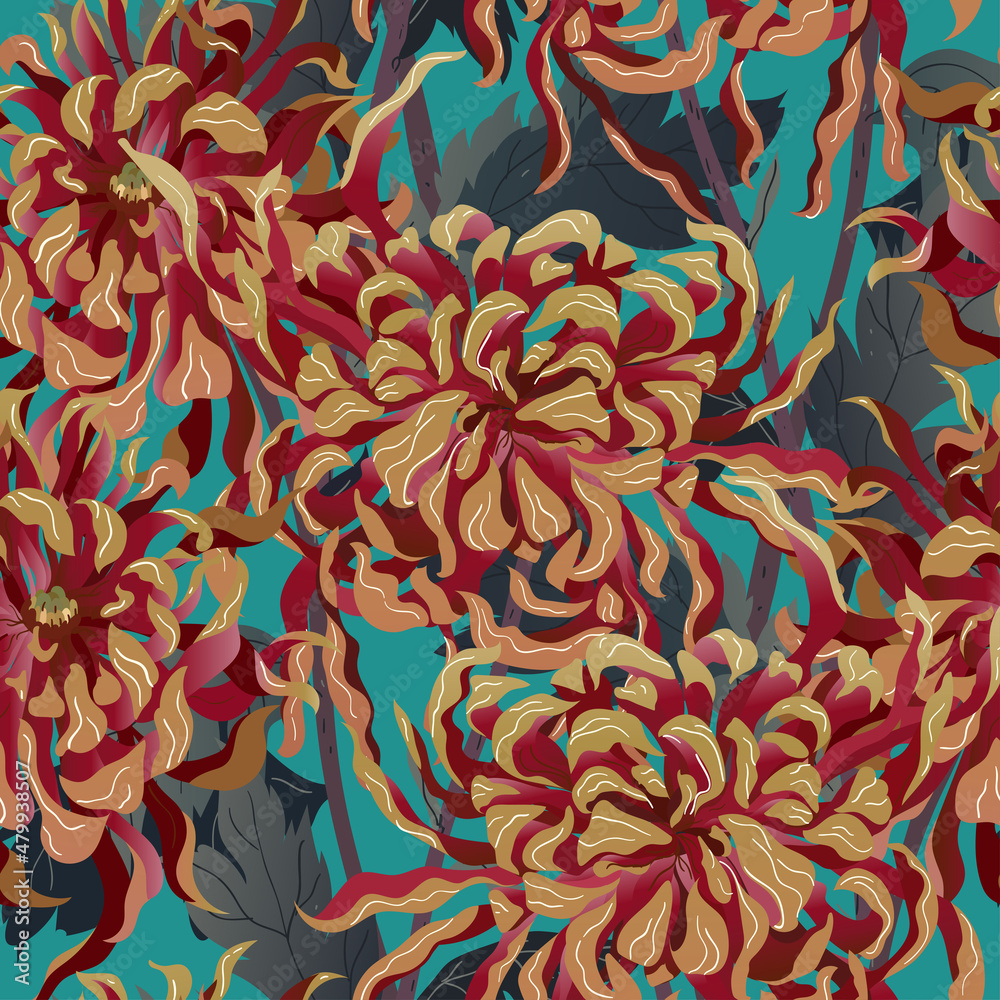 Abstract chrysanthemum seamless pattern. Surface design for fabric, wallpaper, wrapping paper, invitation card. Floral abstraction. Abstract chrysanthemum seamless pattern. Surface design for fabric, wallpaper, wrapping paper, invitation card. Floral abstraction.