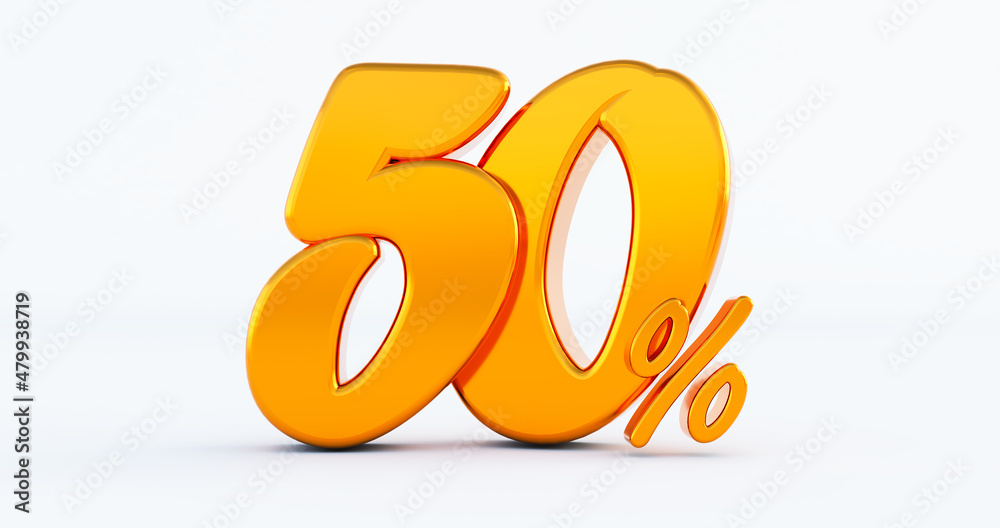 50 percent on white background. 3d render of a gold fifty percent