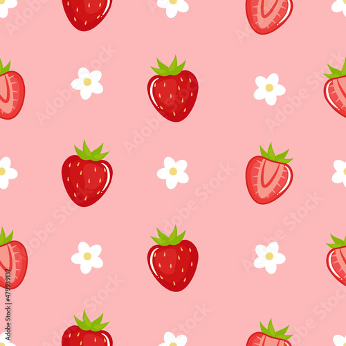 Fototapeta Naklejka Na Ścianę i Meble -  Cute fresh strawberry seamless pattern. Flat vector cartoon design