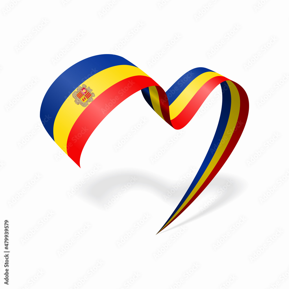 Andorran flag heart shaped ribbon. Vector illustration.