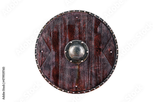 Old round shield in blood isolated on white background with clipping path